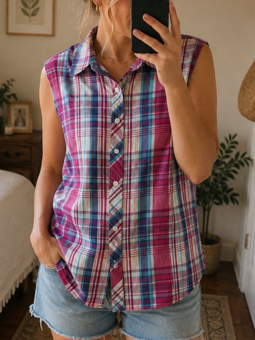 Talbots Shirt SP Pink Blue Madras Plaid Cotton Sleeveless Button Front NWT
